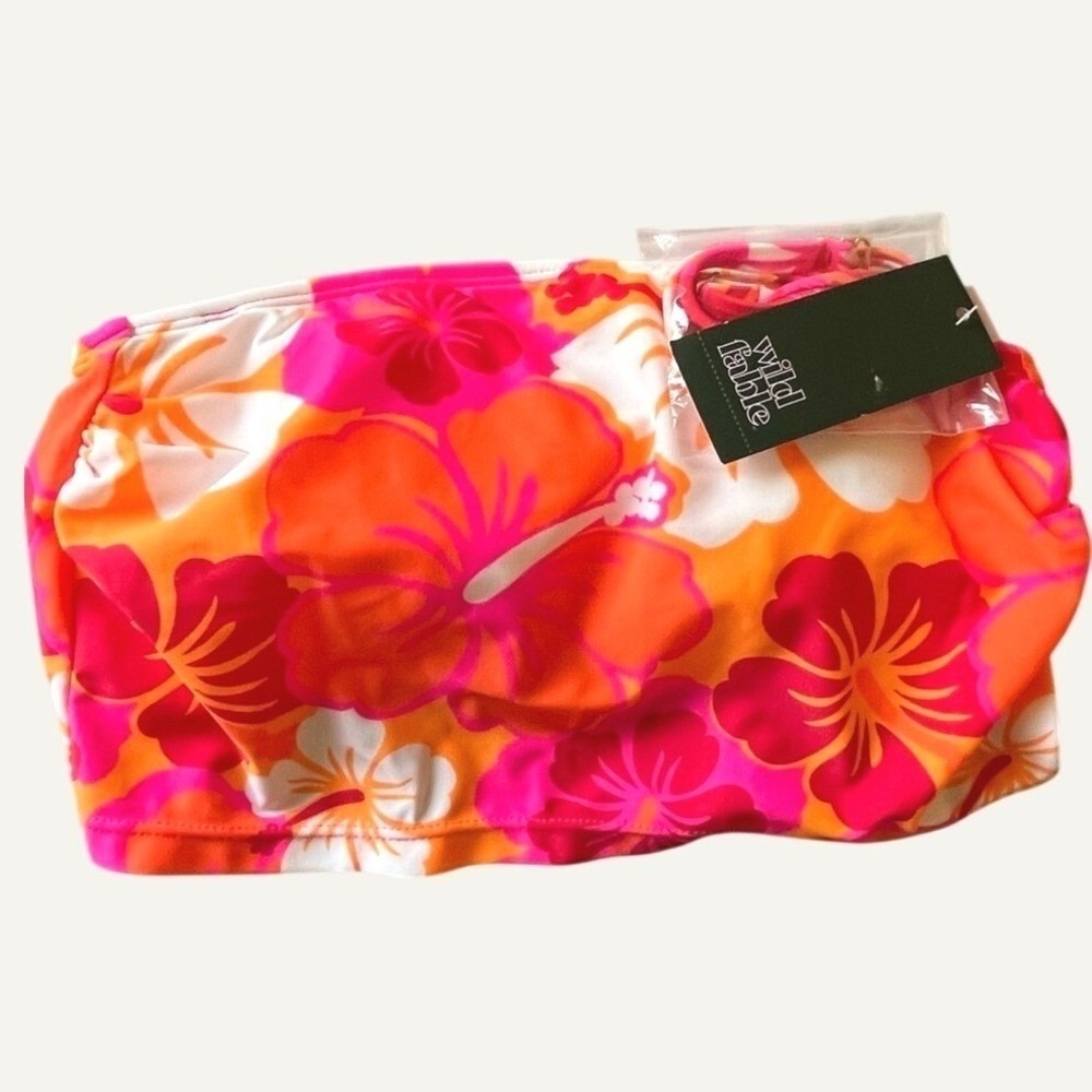 Wild Fable Bandeau Cropped Tankini Top Womens XS Orange Pink Hibiscus Print NWT